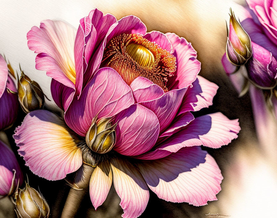 Close-Up of Vibrant Pink Flower with Yellow Accents and Unopened Buds