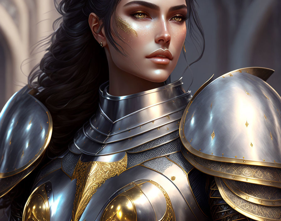 Detailed digital art portrait of a woman in dark hair and golden armor