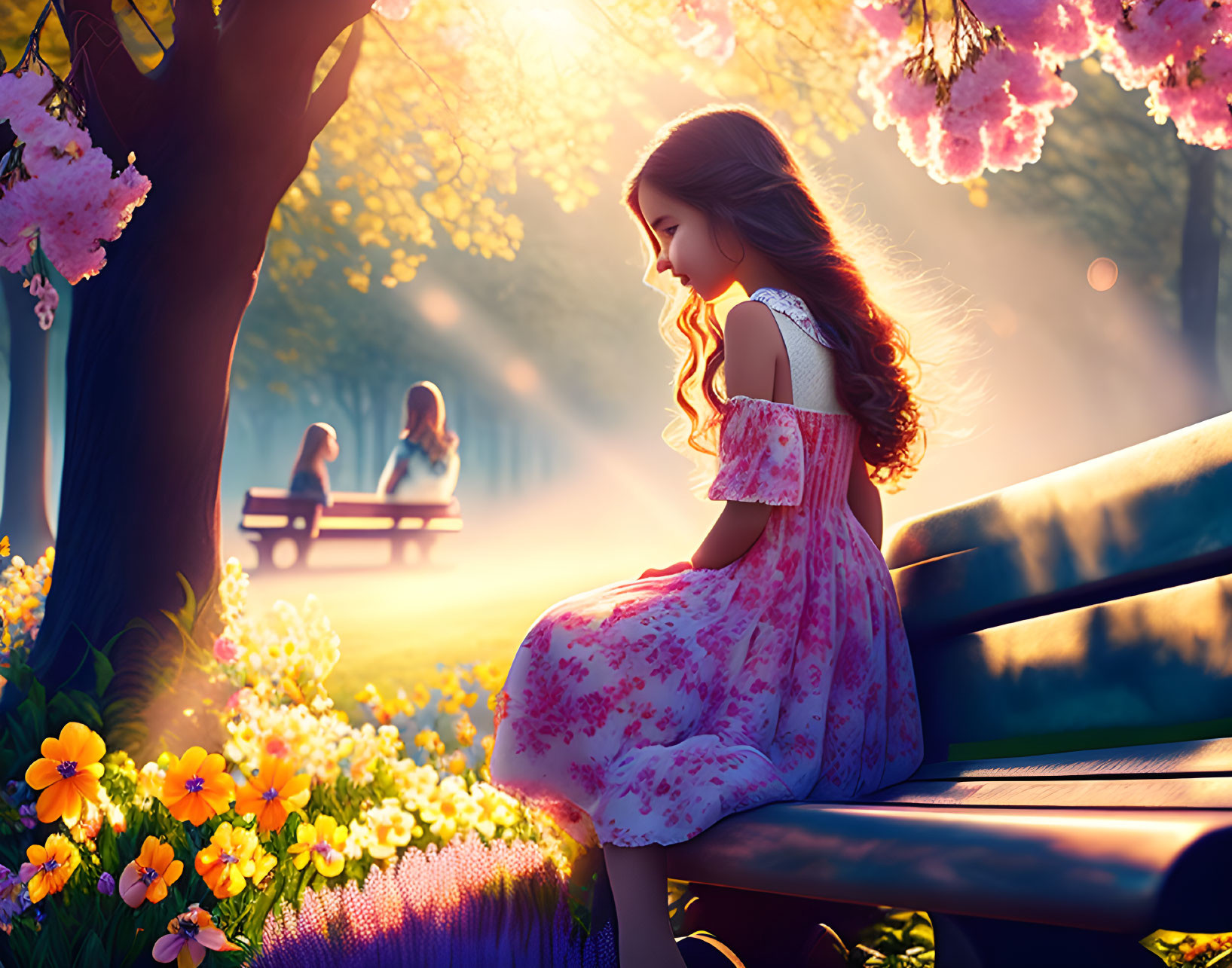 Girl in Pink Floral Dress Observing Sunlit Park Scene