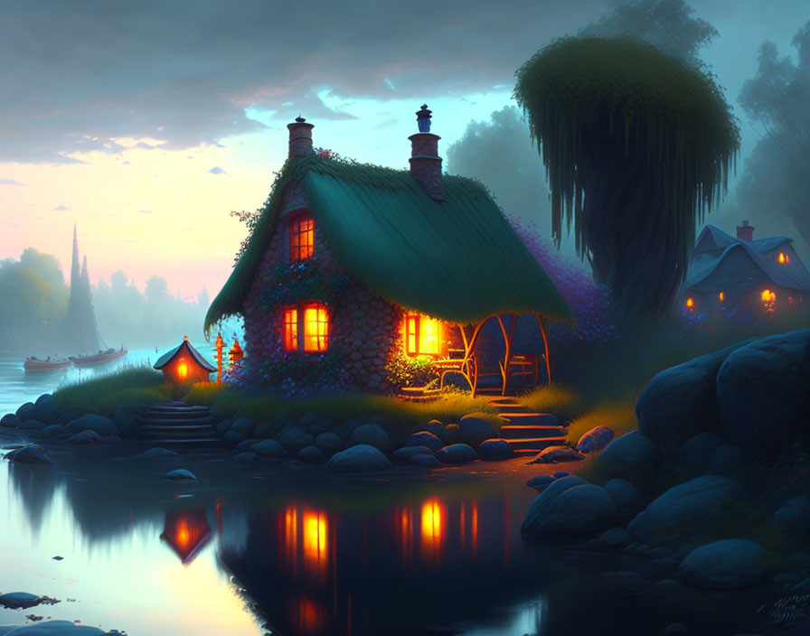 Tranquil dusk scene of idyllic cottage by pond