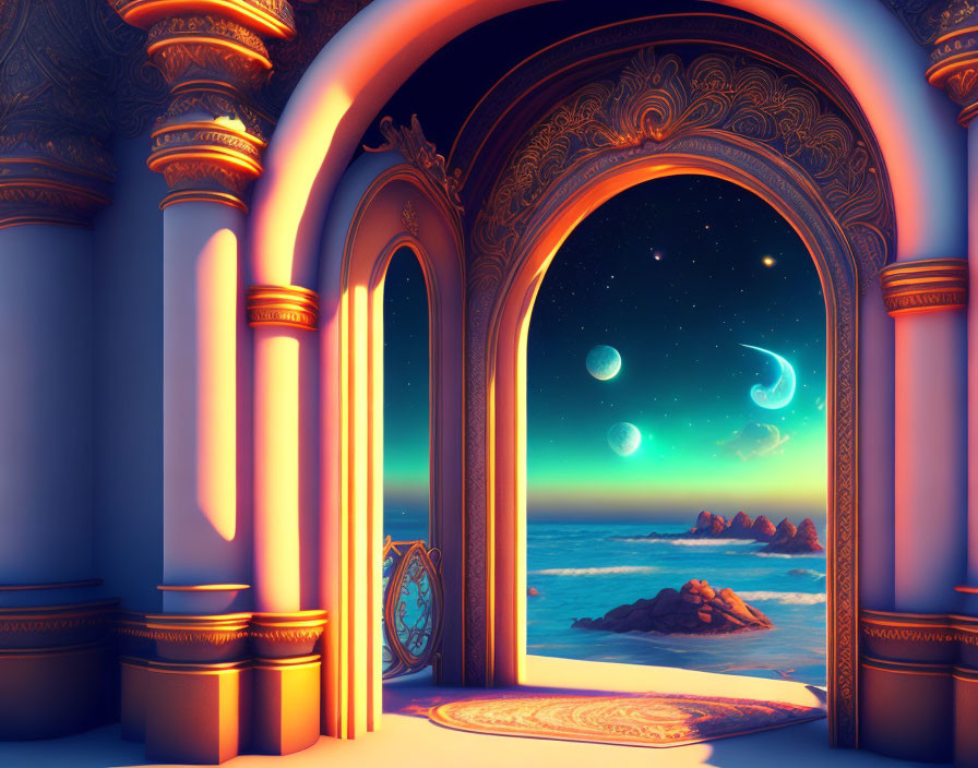 Ornate archway night beach scene with stars and crescent moons