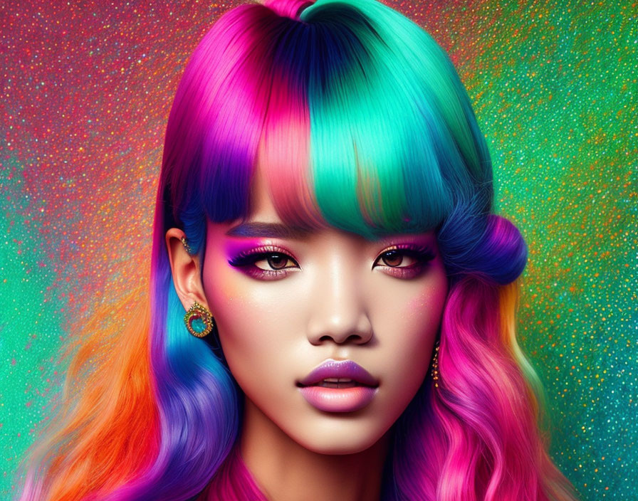 Vibrant Rainbow-Colored Hair and Striking Makeup on Woman