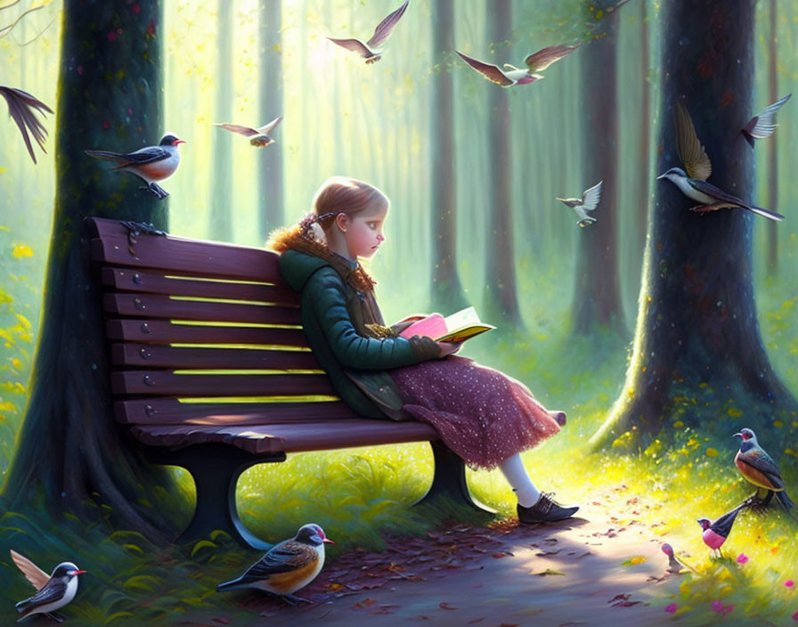 Young girl reading book in enchanted forest surrounded by birds