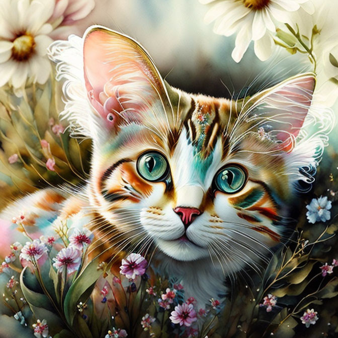 Vibrant cat portrait with detailed floral background