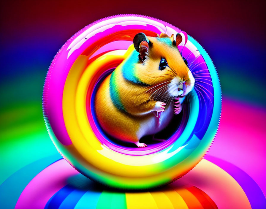 Vibrant hamster illustration in rainbow tube on colorful backdrop