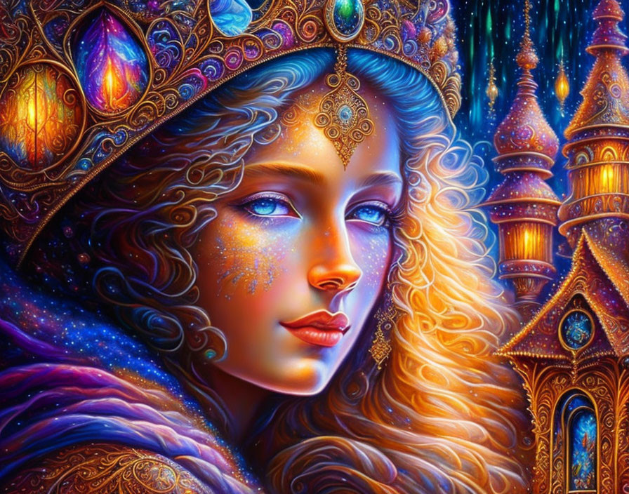 Fantasy-themed woman illustration with crown and gemstones