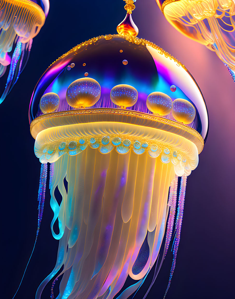 Colorful digital artwork of glowing jellyfish-like creatures on dark backdrop