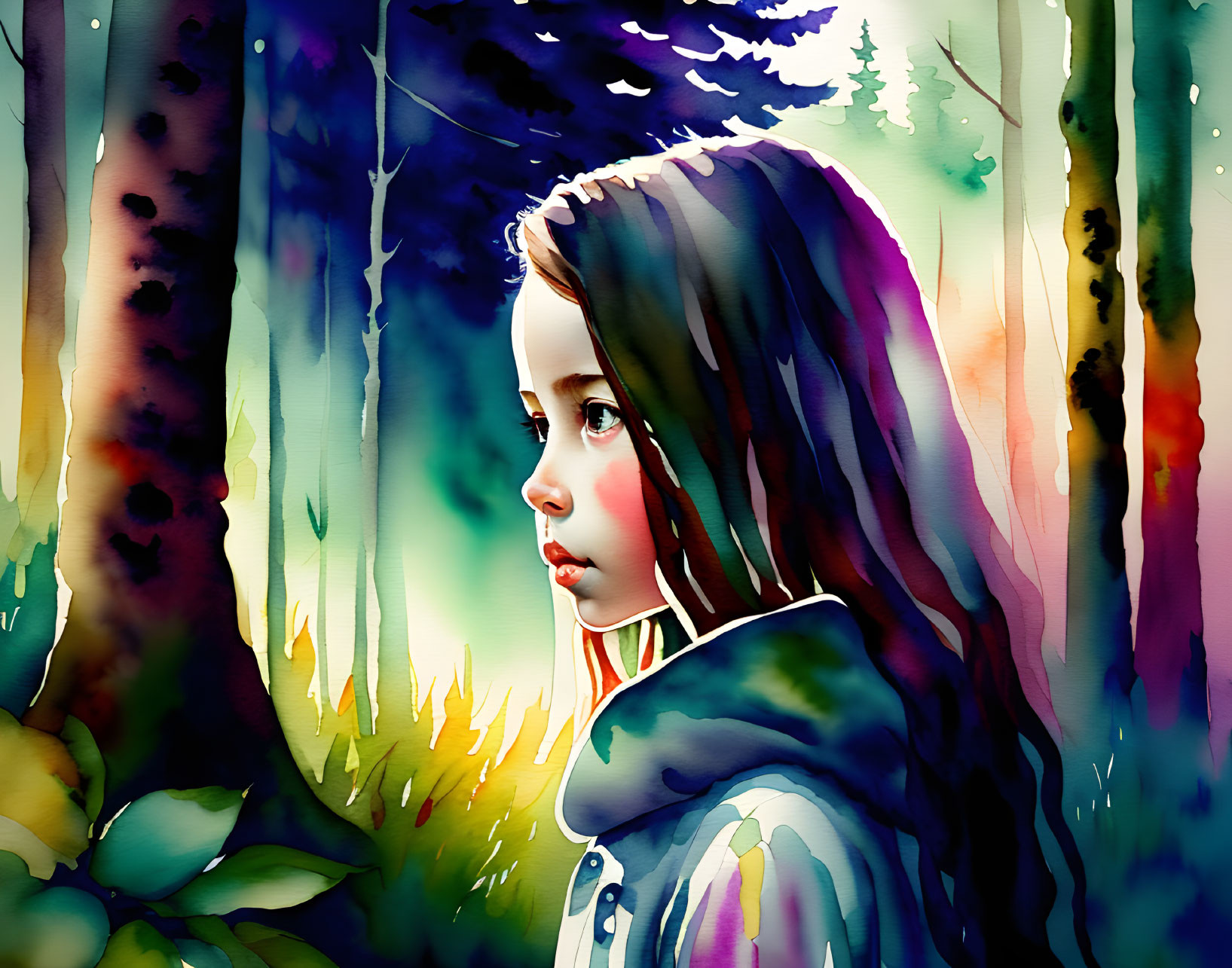 Vibrant watercolor forest with stylized trees and young girl