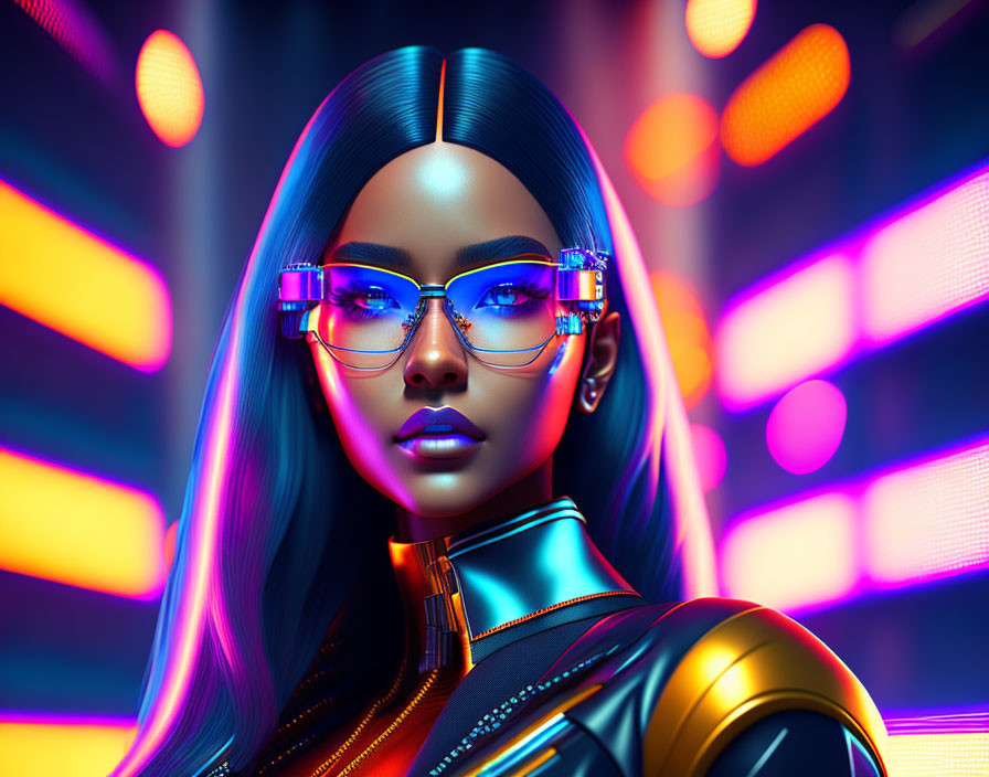 Futuristic woman in 3D with neon-lit background