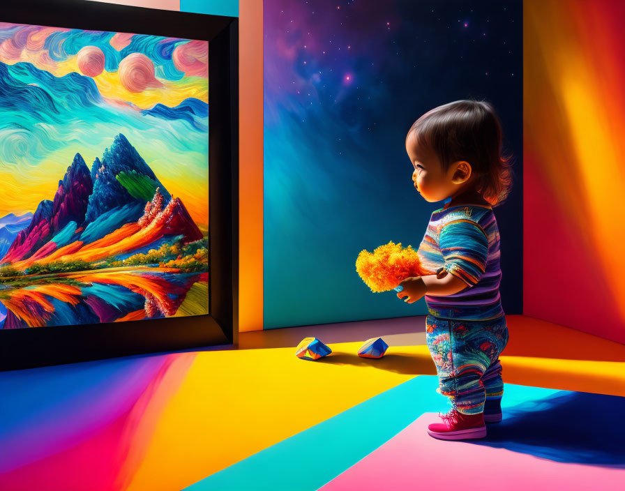 Toddler with flowers admires vibrant starry sky painting in colorful room