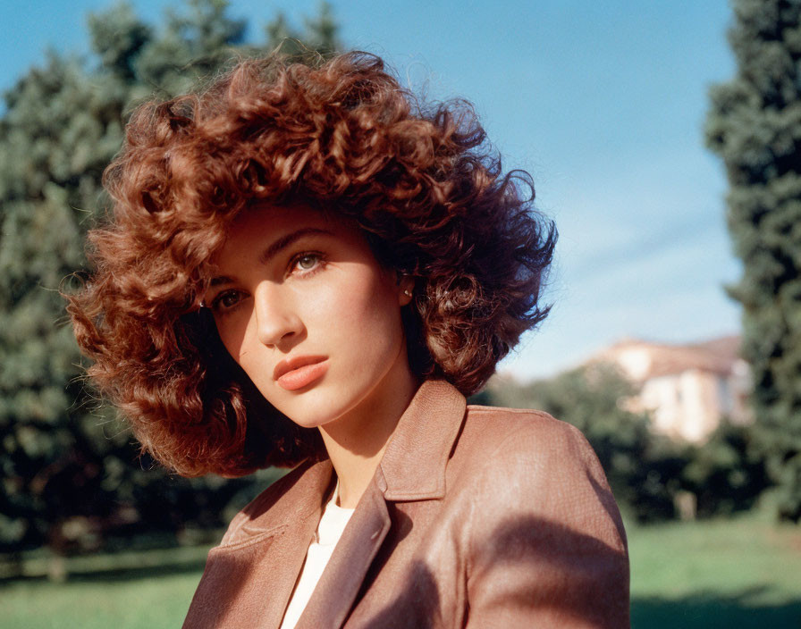 Curly-haired woman in brown blazer outdoors with sunlight glare