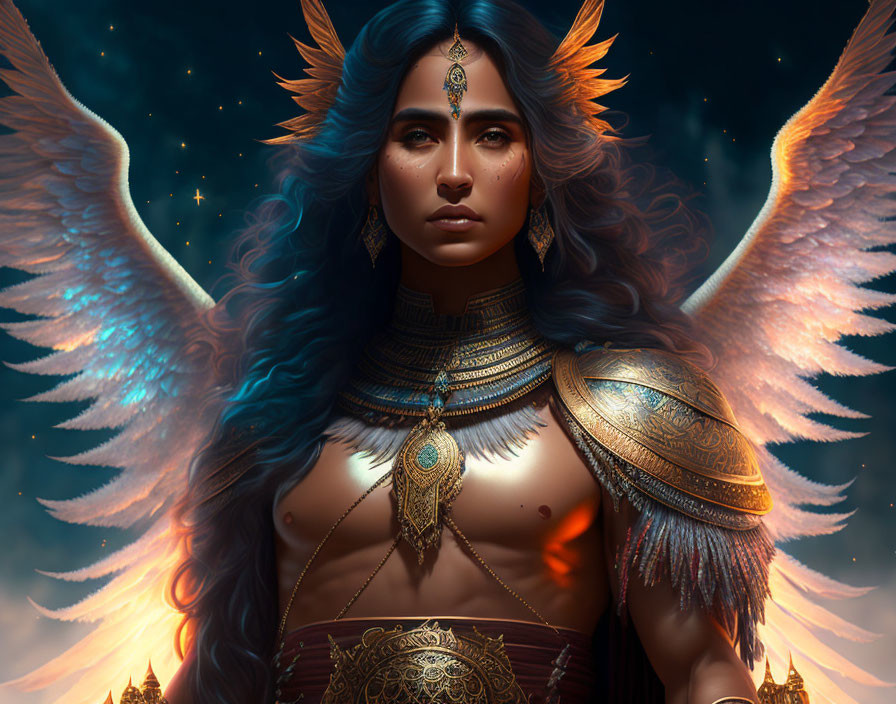 Ethereal woman with blue feathered wings in golden armor gazes against twilight sky.