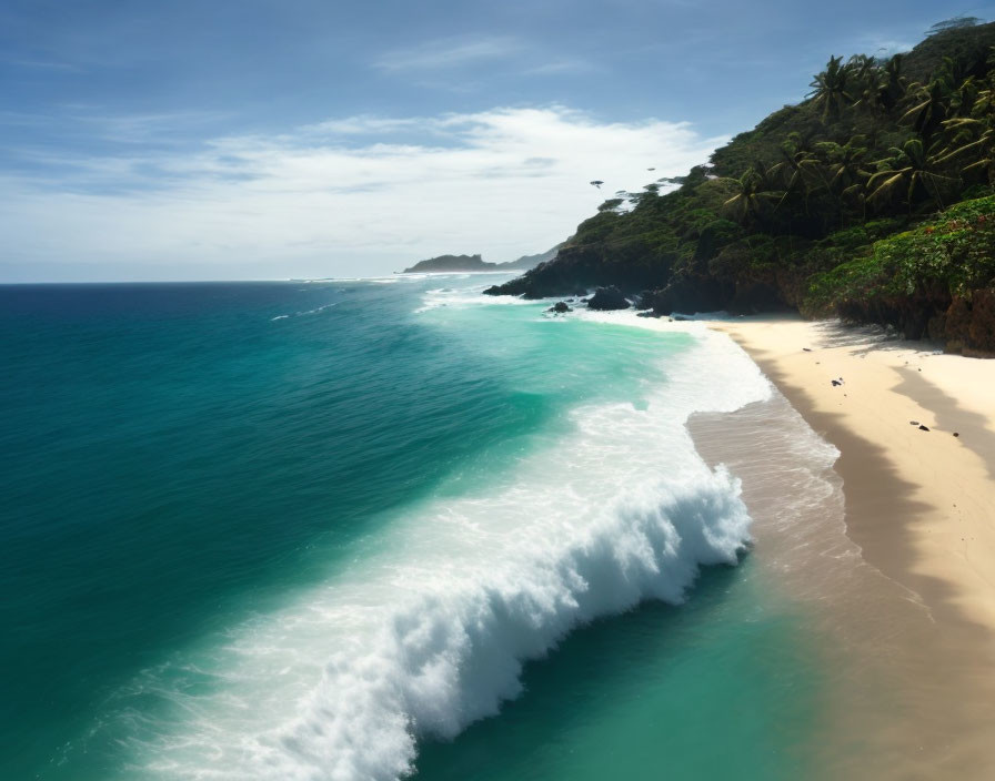 Tropical Beach with White Sand, Turquoise Waters & Lush Greenery