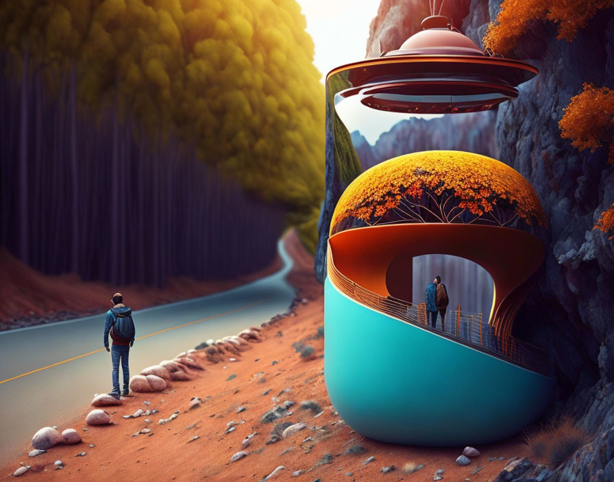 Backpacker observing futuristic floating house in autumnal landscape