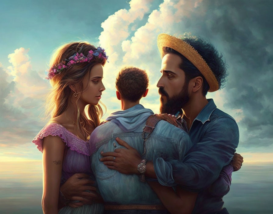 Bearded man, woman in floral crown, and child embrace under cloudy sky