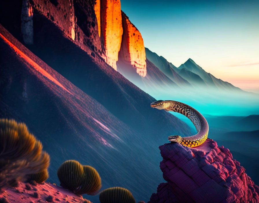 Surreal landscape with giant snake, colorful mountains, and gradient sky