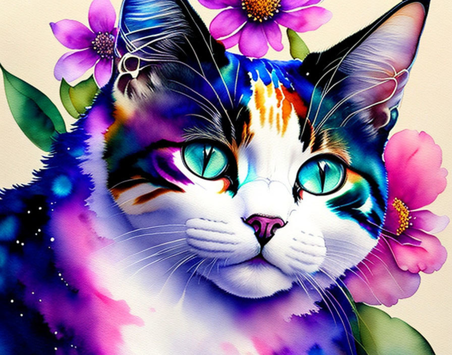 Colorful Cat Illustration with Green Eyes and Purple Flowers