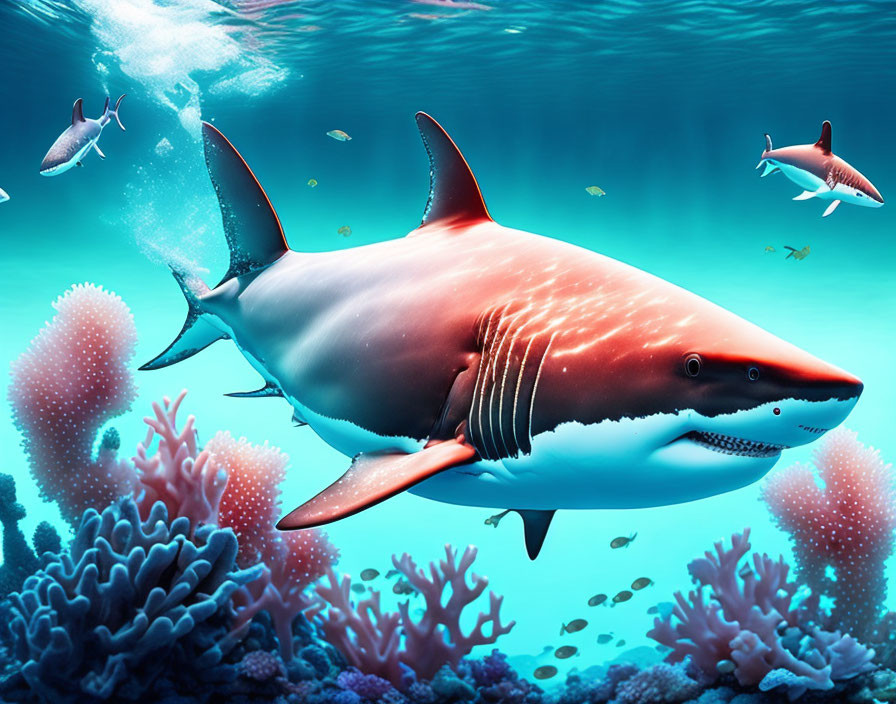 Colorful Underwater Shark Scene with Coral Reefs