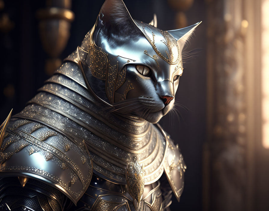 Elaborately armored cat with sharp details on dark background