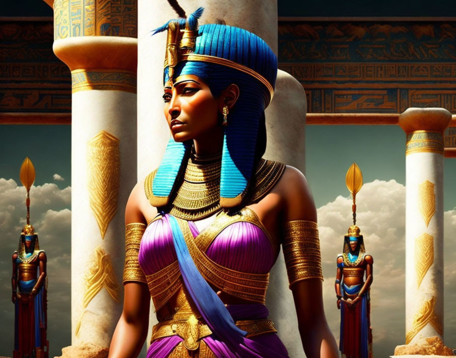 Ancient Egyptian queen portrait with traditional attire and hieroglyphic backdrop