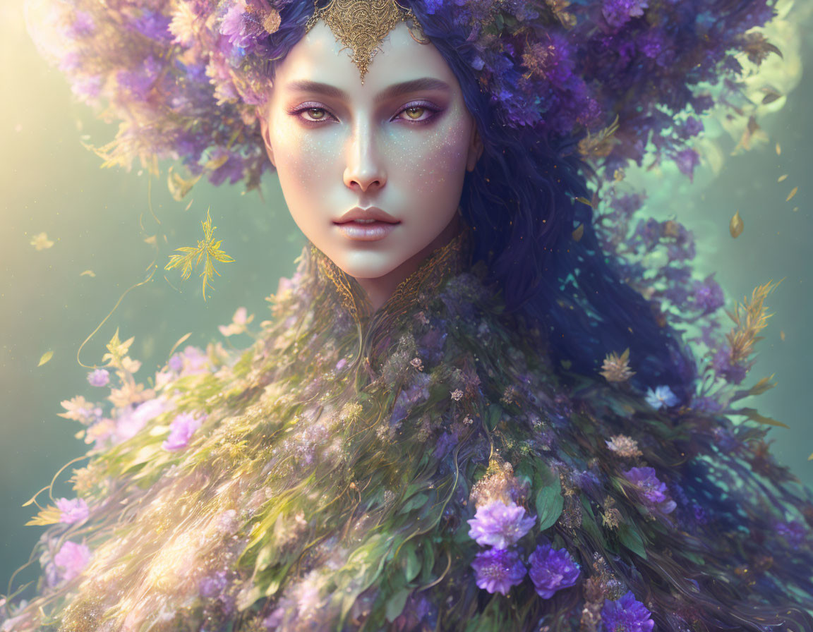 Mystical woman with purple flower crown and golden accessories