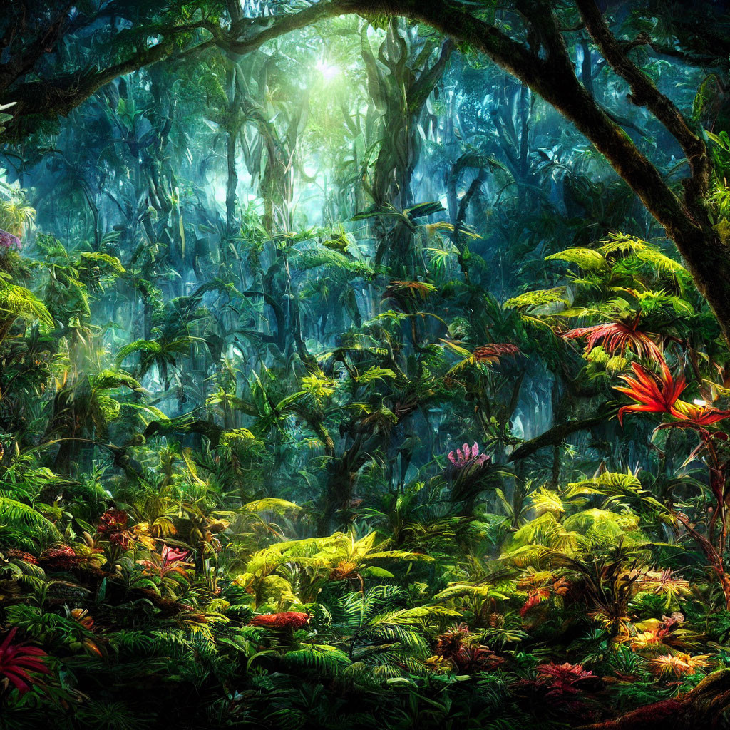 Lush Tropical Forest with Dense Vegetation and Sunlight Filtering Through Canopy