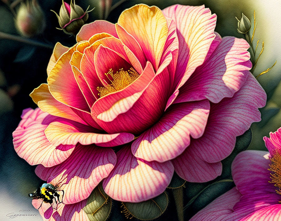 Pink and Yellow Striped Petal Flower with Bee on Soft Background