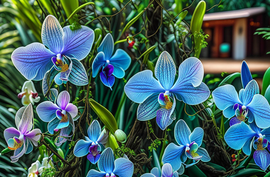 Colorful Blue and Purple Orchids in Lush Garden Setting