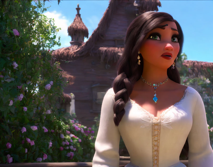 Female animated character with side braid in traditional attire near cottage and flowers.