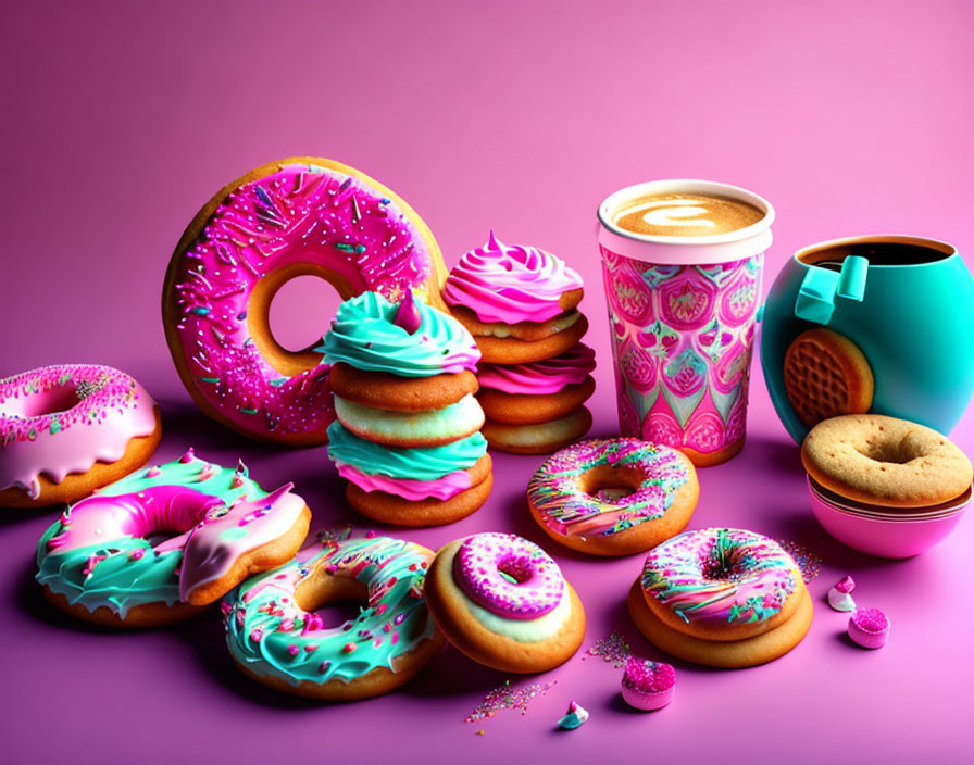 Vibrant donuts with colorful icing, sprinkles, cookies, and coffee on pink background