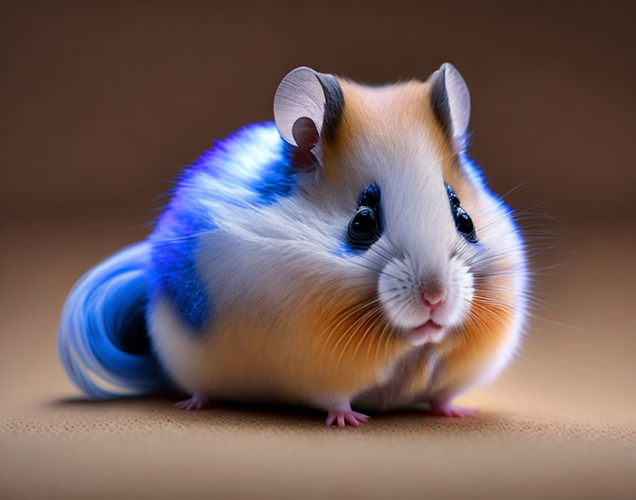 Vibrant Blue and White Fur Hamster Art on Warm Brown Background