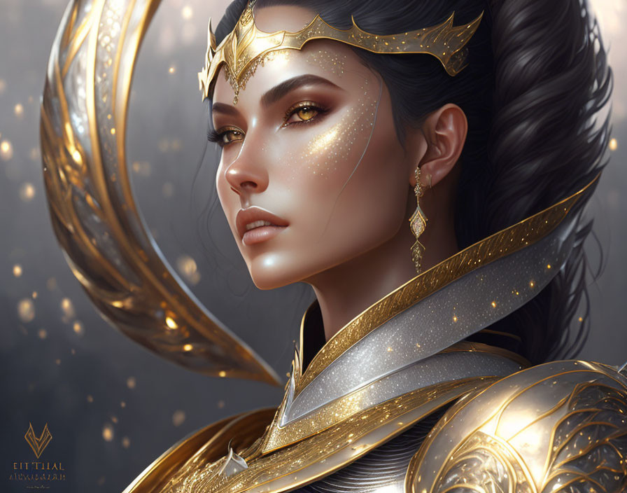 Regal woman digital art with gold adornments and shoulder armor