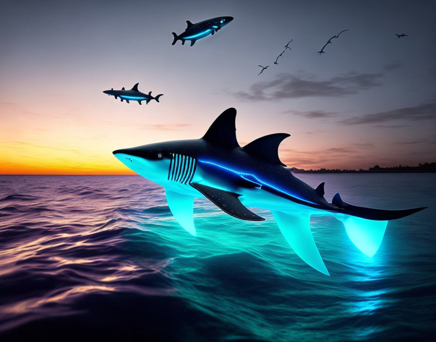 Surreal sharks with aircraft features flying over ocean waves at sunset