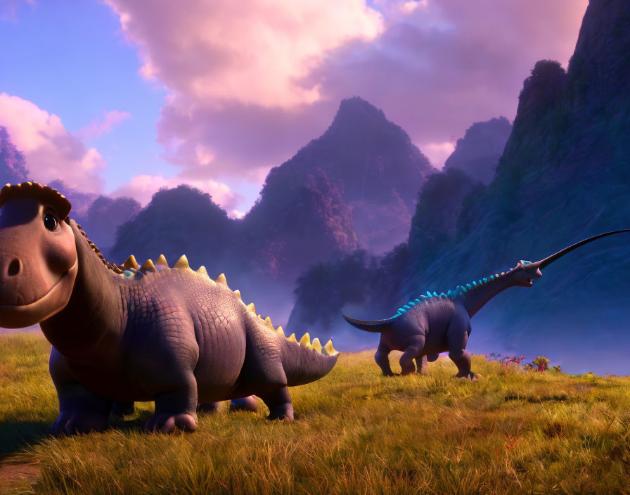 Vibrant prehistoric landscape with animated dinosaurs at sunset