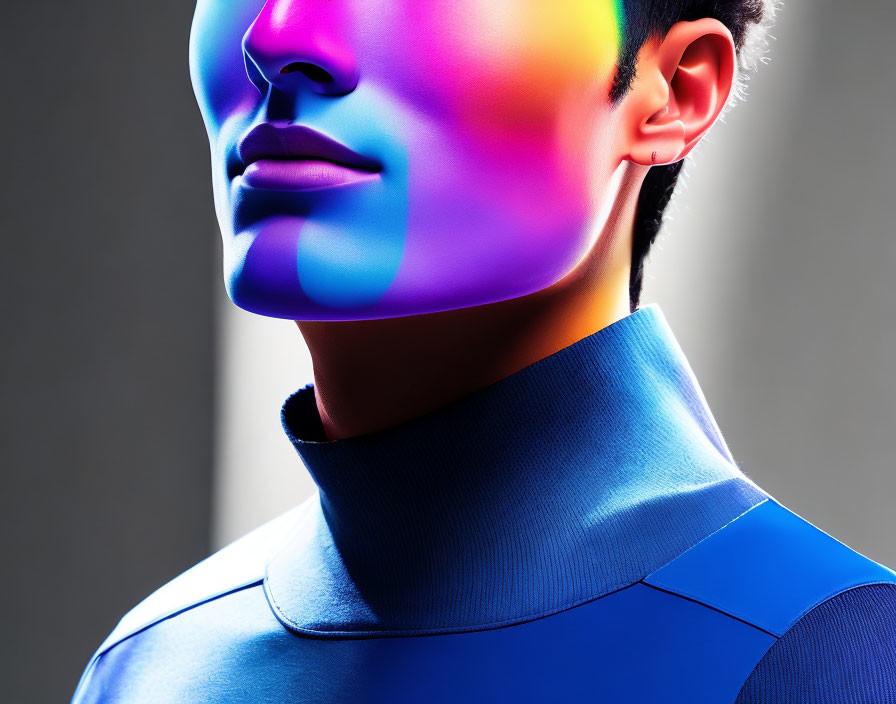 Mannequin-like figure in blue bodysuit with rainbow-colored lighting