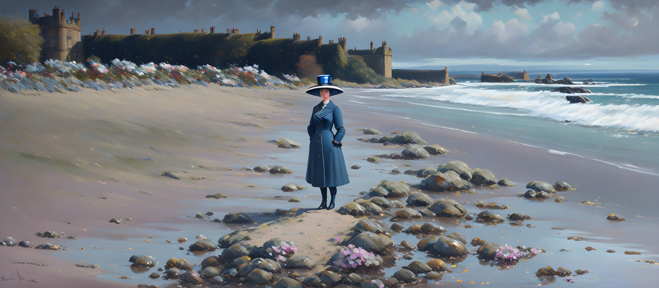 Woman in Blue Coat and Hat on Sandy Beach with Castle, Flowers, and Waves