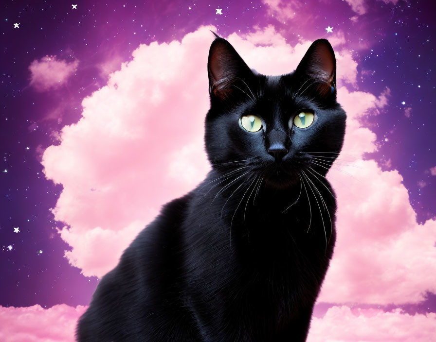 Black Cat with Glowing Green Eyes Against Purple Starry Sky