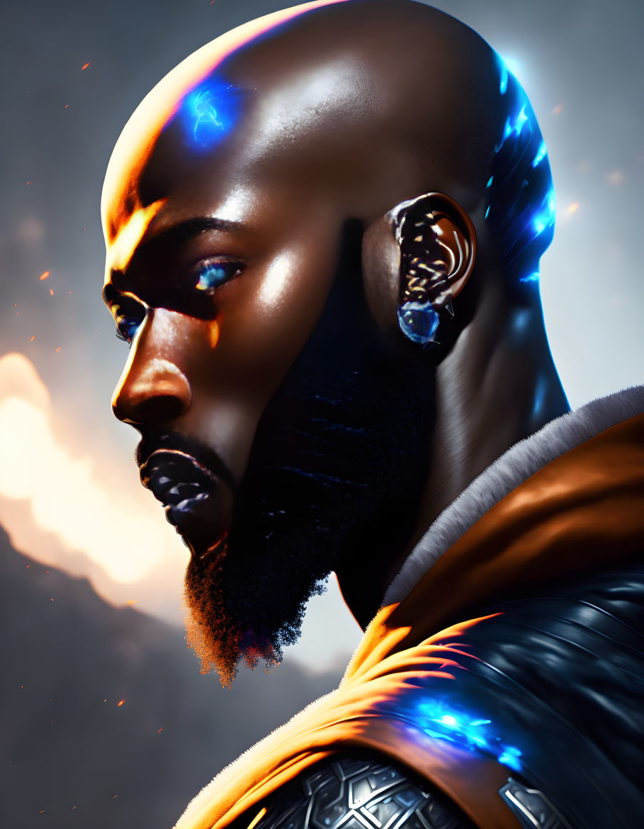 Digital artwork: Black male figure with glowing blue patterns, full beard, futuristic armor, against fiery backdrop