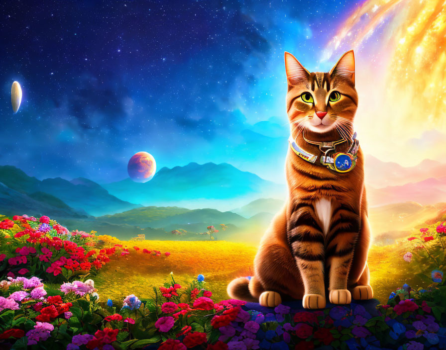 Tabby cat with space-themed collar in cosmic landscape