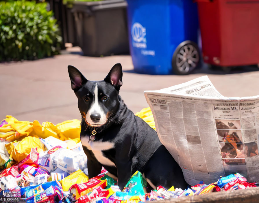 Black Dog Among Candy Wrappers and Trash Bins