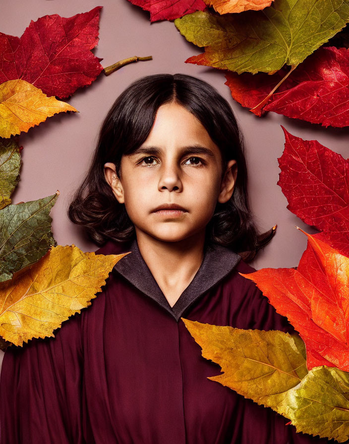 Serious Child in Burgundy Outfit Among Autumn Leaves