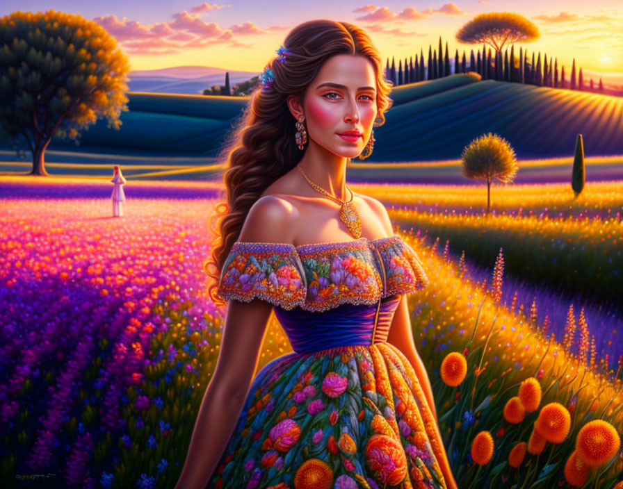 Woman in vibrant floral dress in lavender field at sunset