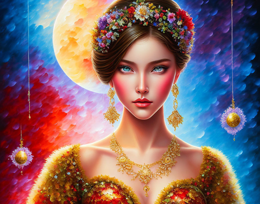 Colorful digital portrait of a woman with floral crown and gold jewelry against cosmic moon backdrop