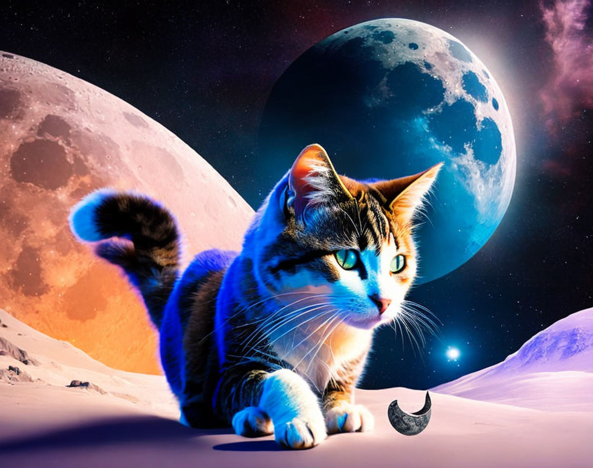 Cat on surreal extraterrestrial landscape with colorful nebulae and moons