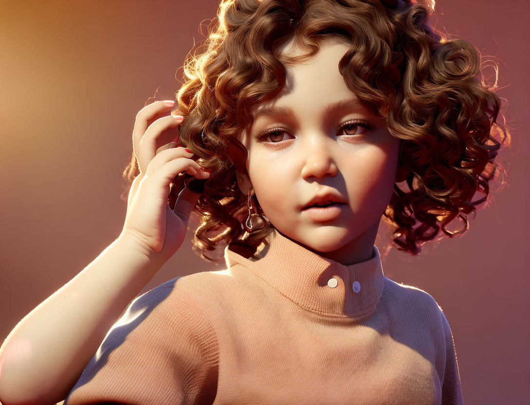 Young Child with Curly Hair in Turtleneck Against Warm Background