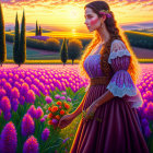 Woman in vintage purple dress surrounded by flowers at sunset