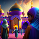 Digital artwork showcasing two women in traditional attire against colorful Middle Eastern architecture at dusk