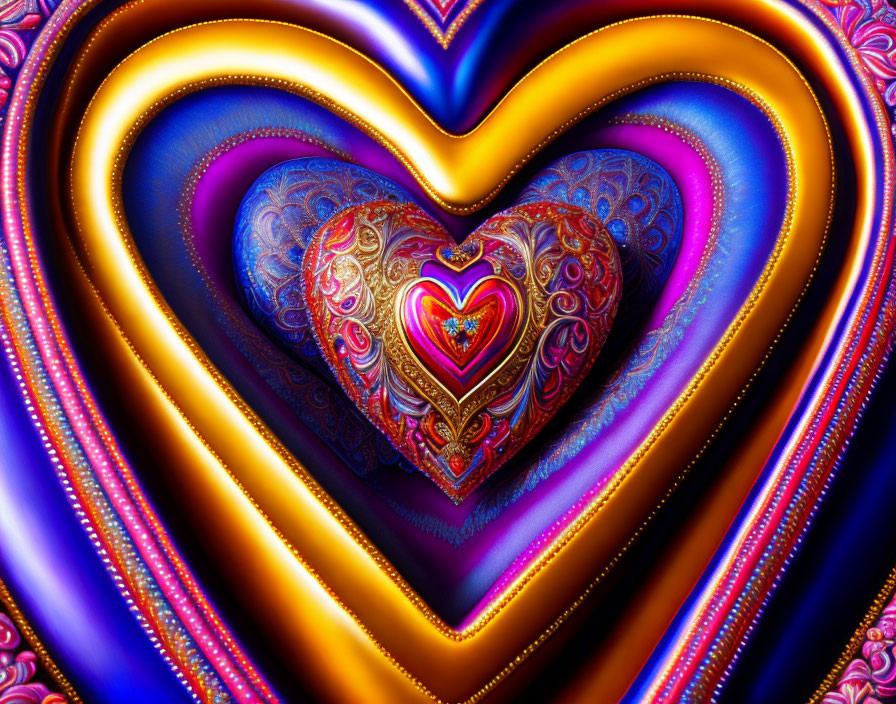 Colorful Digital Artwork: Nested Hearts in Blue, Purple, Red & Yellow