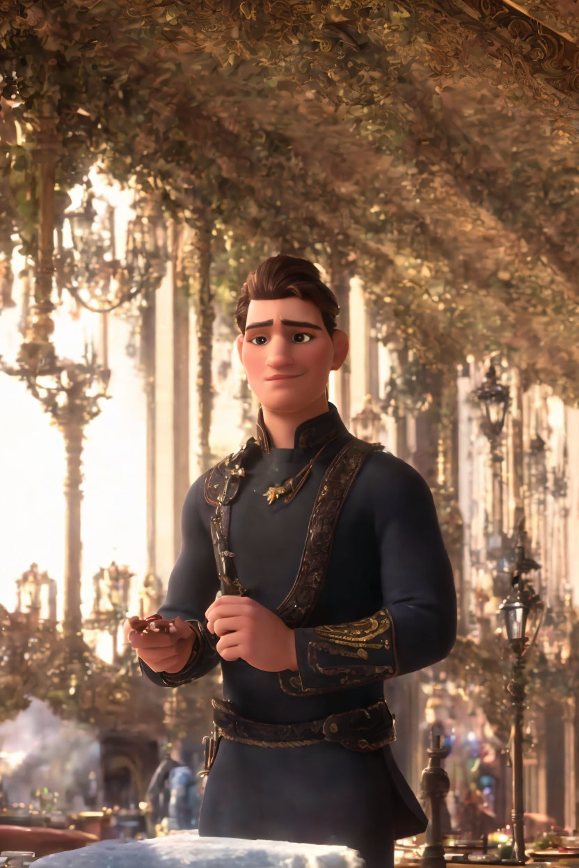 Regal prince character in ornate hall with golden decor