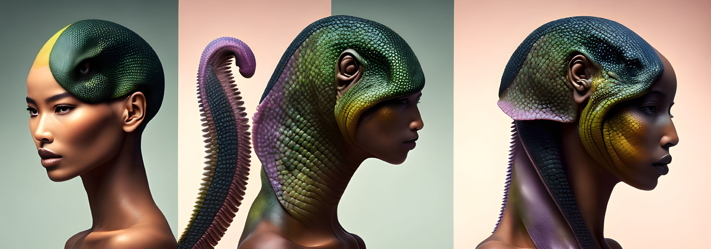 Three artistic renderings of woman with snake-like skin in different poses against gradient background